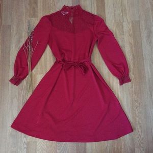 Vintage 1970s dress with lace mock neck
